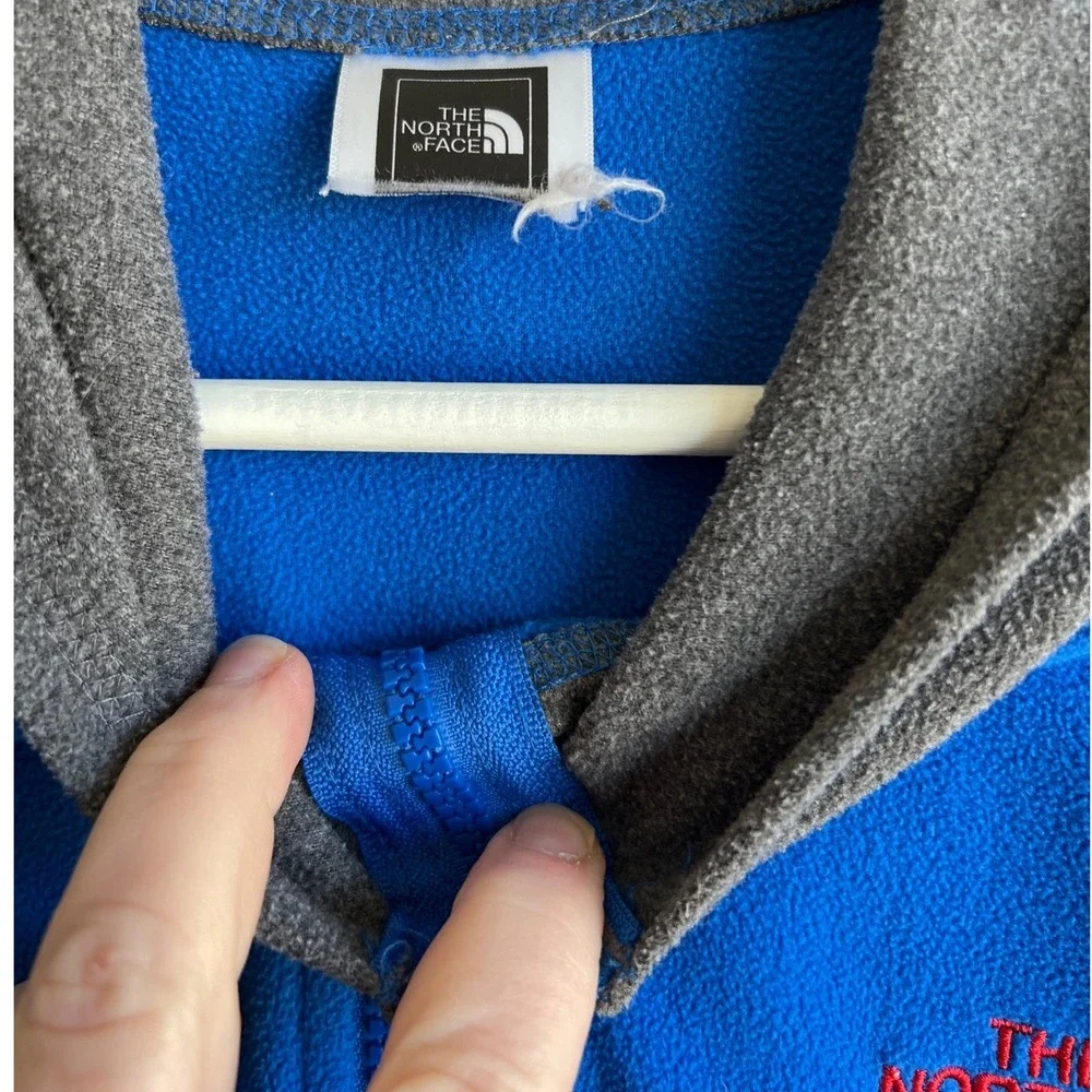 The North Face Mens Full Zip Fleece Hoodie Blue Grey Colorblock Raglan Kids L?